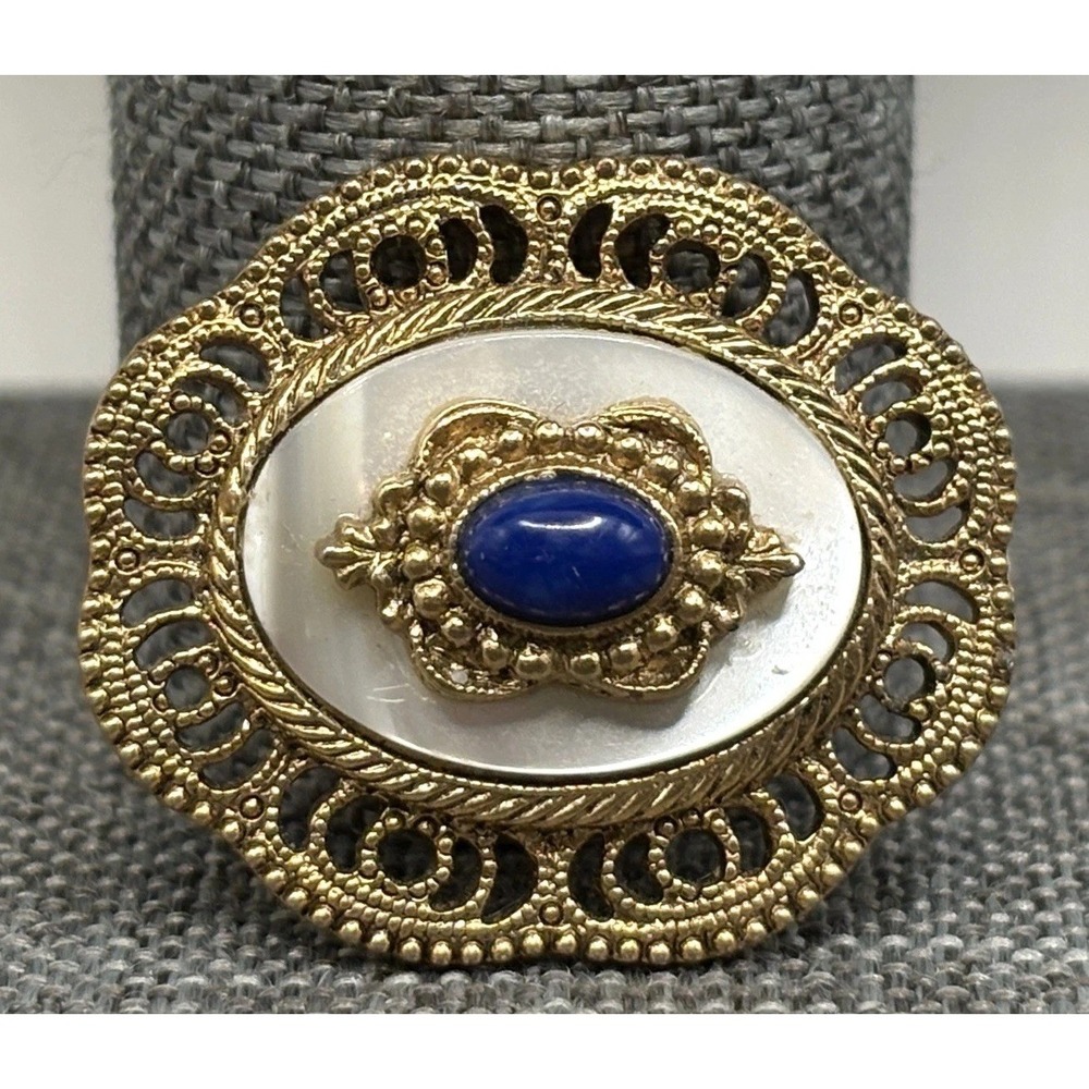 VTG 1928 Brand Victorian Revival Filigree Small Brooch Blue Cabochon Gold Tone